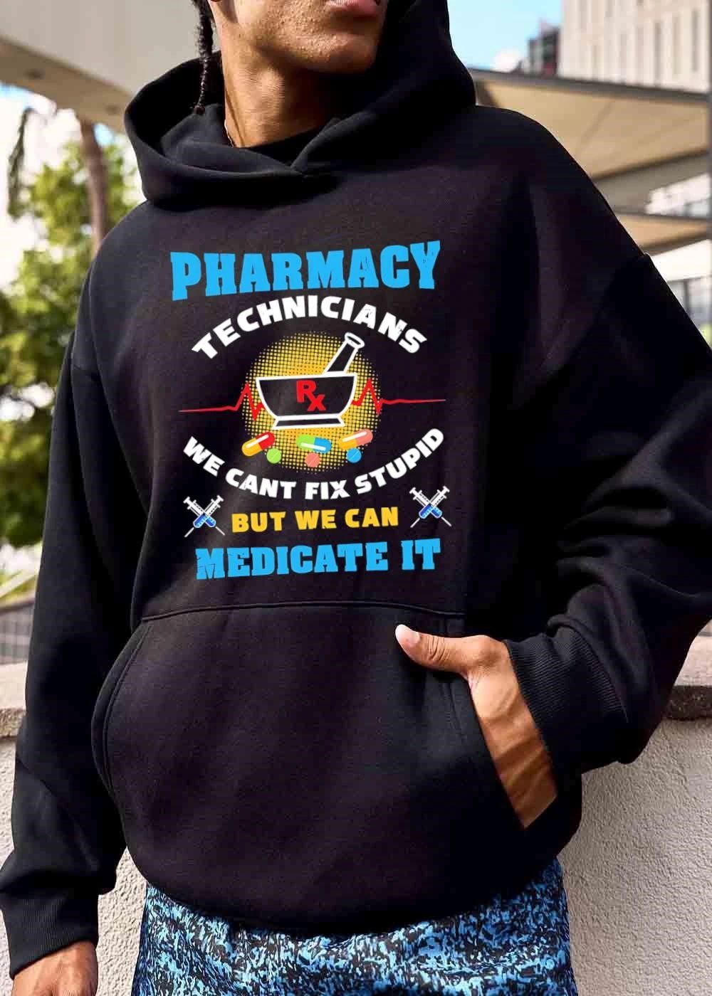 Pharmacy Technicians We Cant Fix Stupid But Can Medicate It Mortar Pestle Rx Halftone Pills Syringes shirt