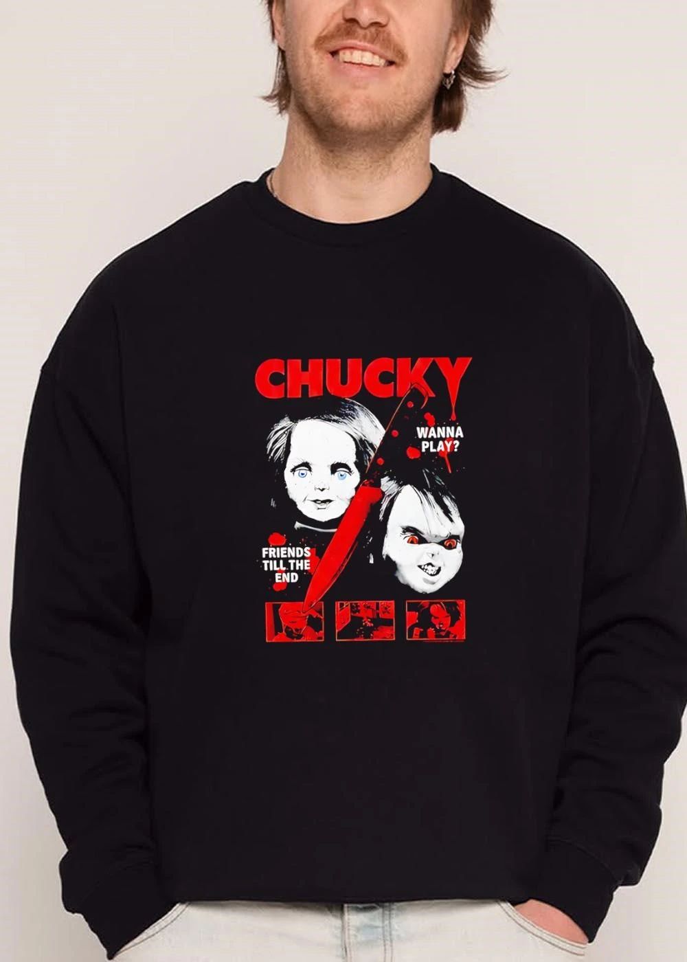 Chucky Wanna Play Friends Till The End Two Evil Doll Faces Bloody Knife Film Frames shirt