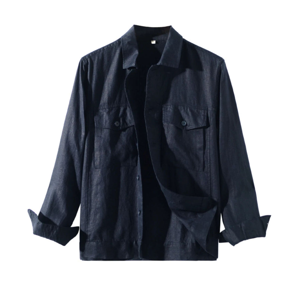 Men Linen Overshirt Jacket Button Up Long Sleeve Casual