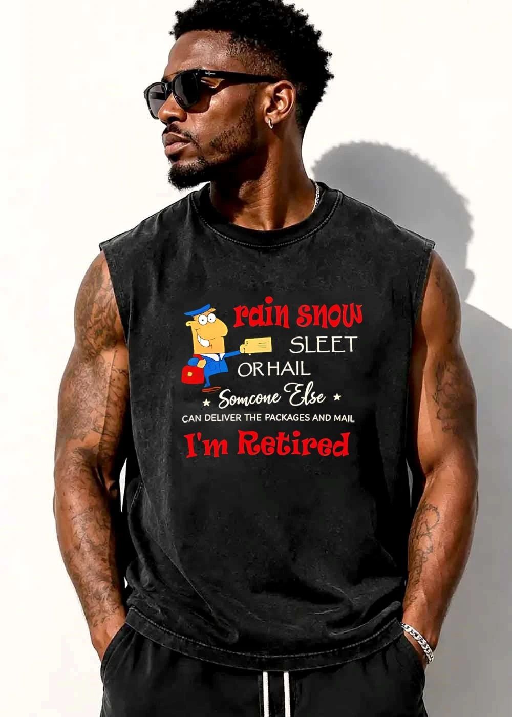 Rain Snow Sleet Or Hail Someone Else Can Deliver The Packages And Mail Im Retired Cartoon Postman Holding Letter shirt