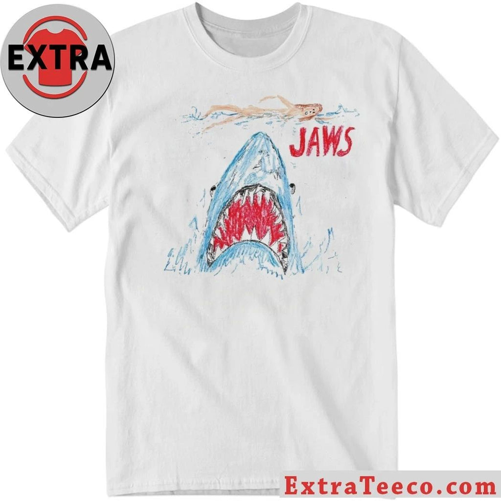 Shirt featuring a crayon drawing inspired by the movie Jaws
