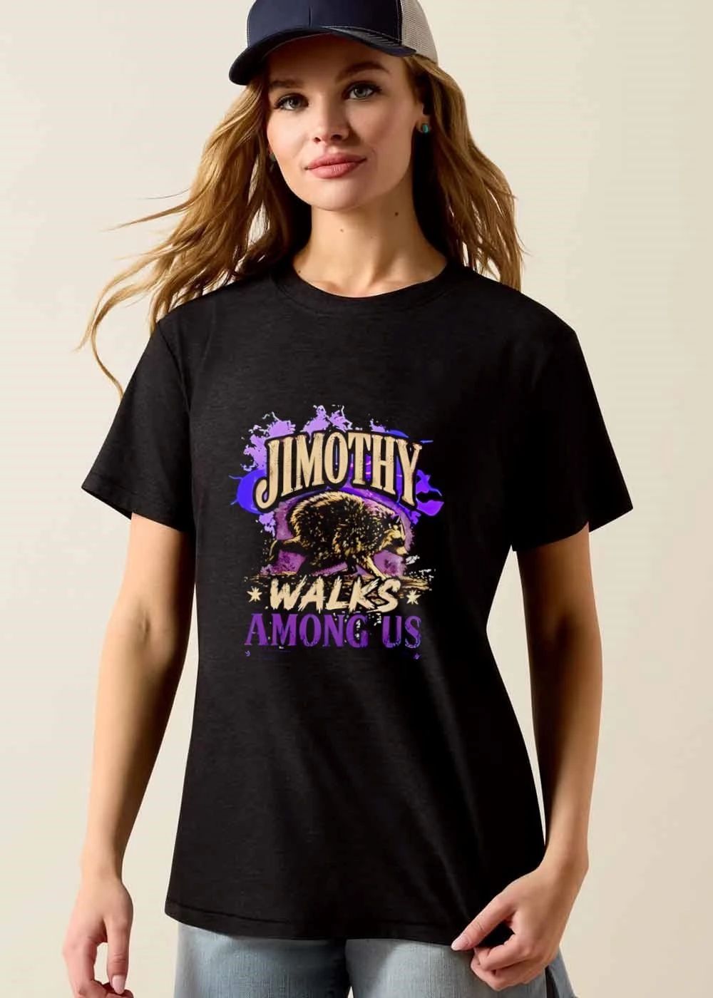 Jimothy Walks Among US Raccoon Purple Paint Splatter Distressed shirt