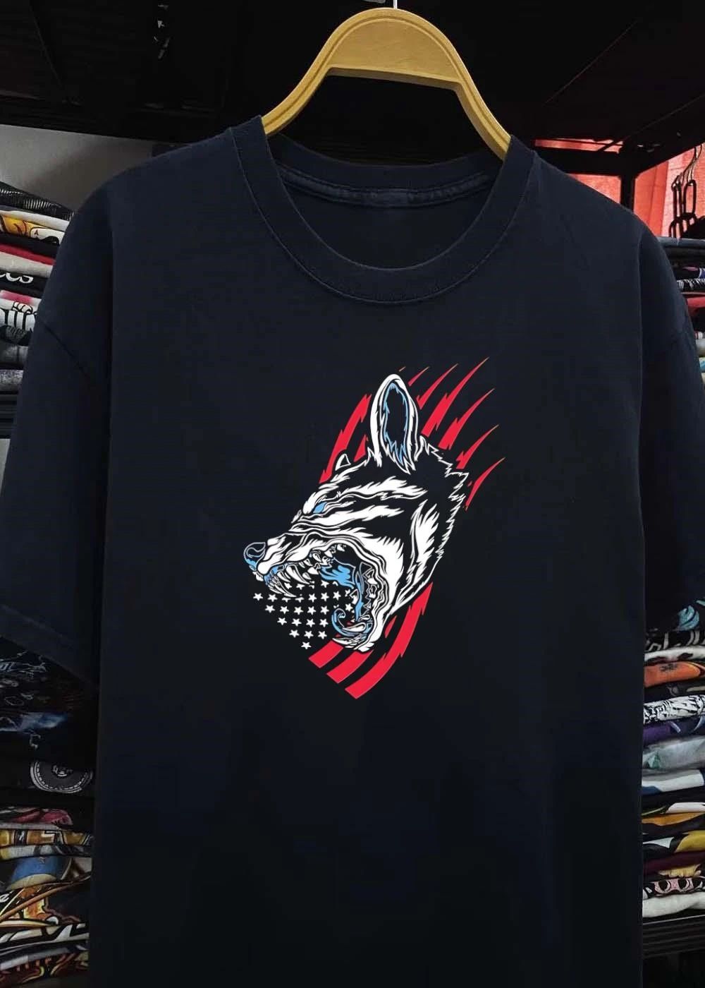 Wolf Snarling with Stars and Stripes T-Shirt
