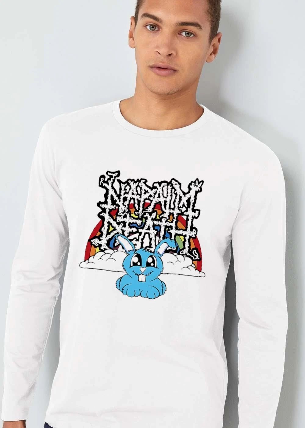 Napalm Death Spiky Text Cute Cartoon Blue Bunny Rainbow Clouds shirt