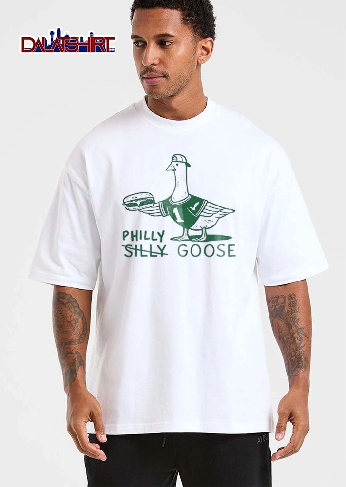 Philly Silly Goose Cartoon Line Art Mascot Wearing Jersey Backwards Cap Holding Cheesesteak shirt