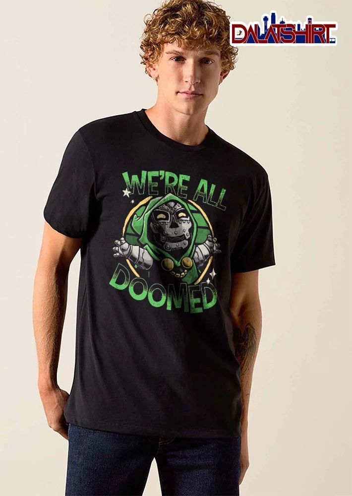 Were All Doomed Cartoon Hooded Armor Supervillain Halftone Circle shirt