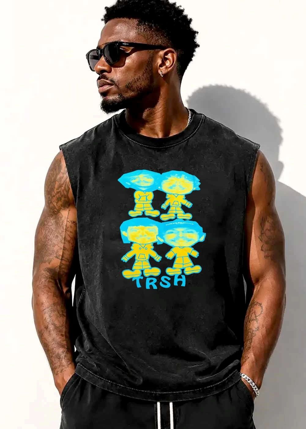 Trsh Four Stylized Cartoon Figures Yellow Cyan Caricature Heads shirt