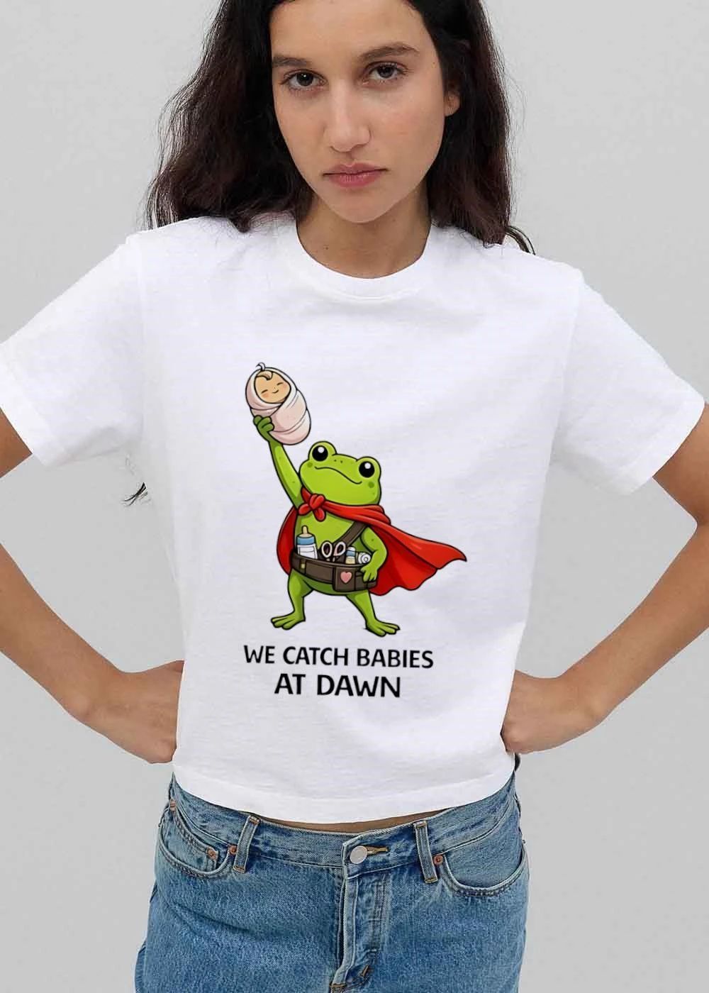 We Catch Babies At Dawn Cartoon Cape Frog Utility Belt Swaddled Infant shirt