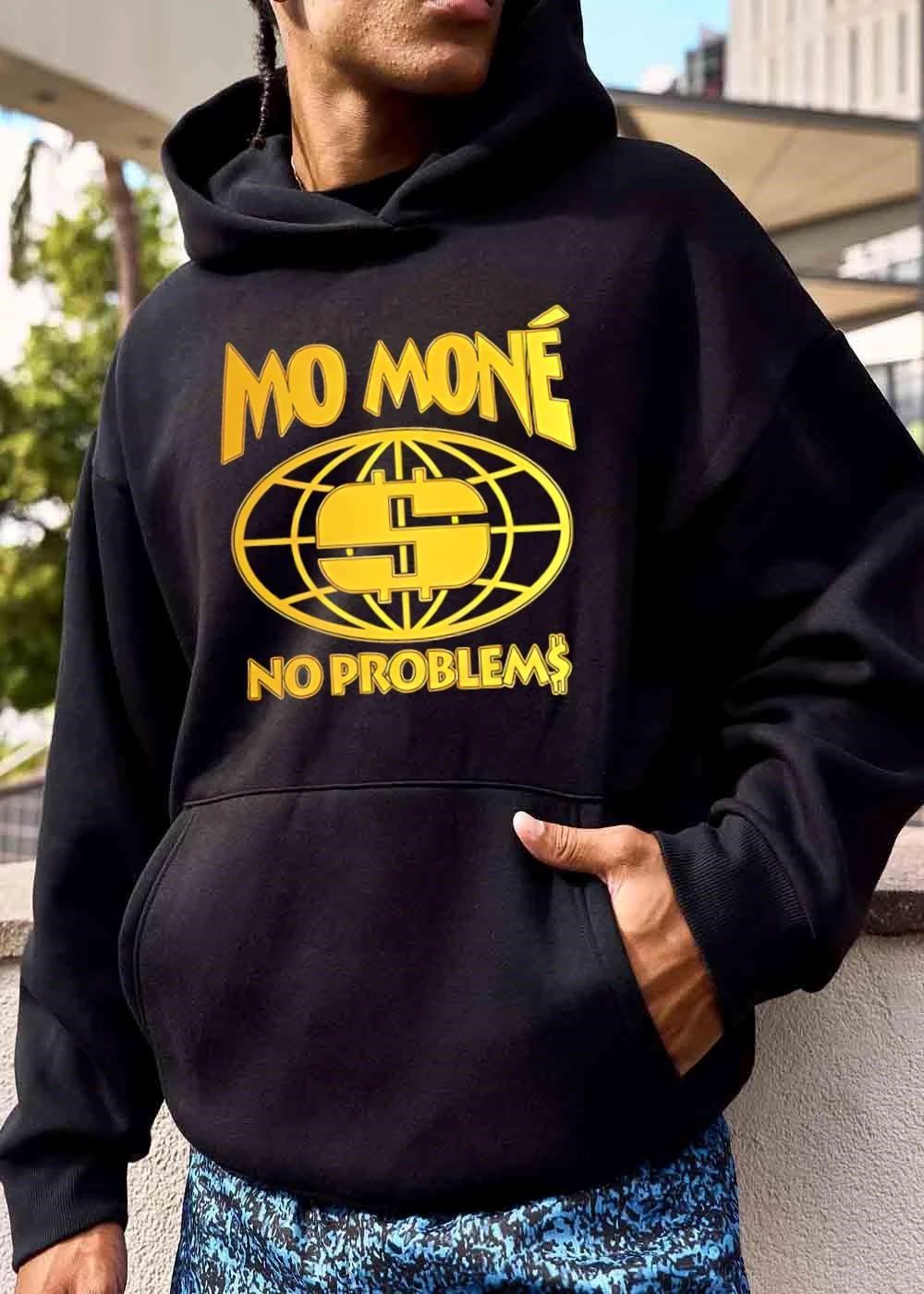 Mo Mone No Problems Gold Globe Dollar Sign Symbol Black Background shirt