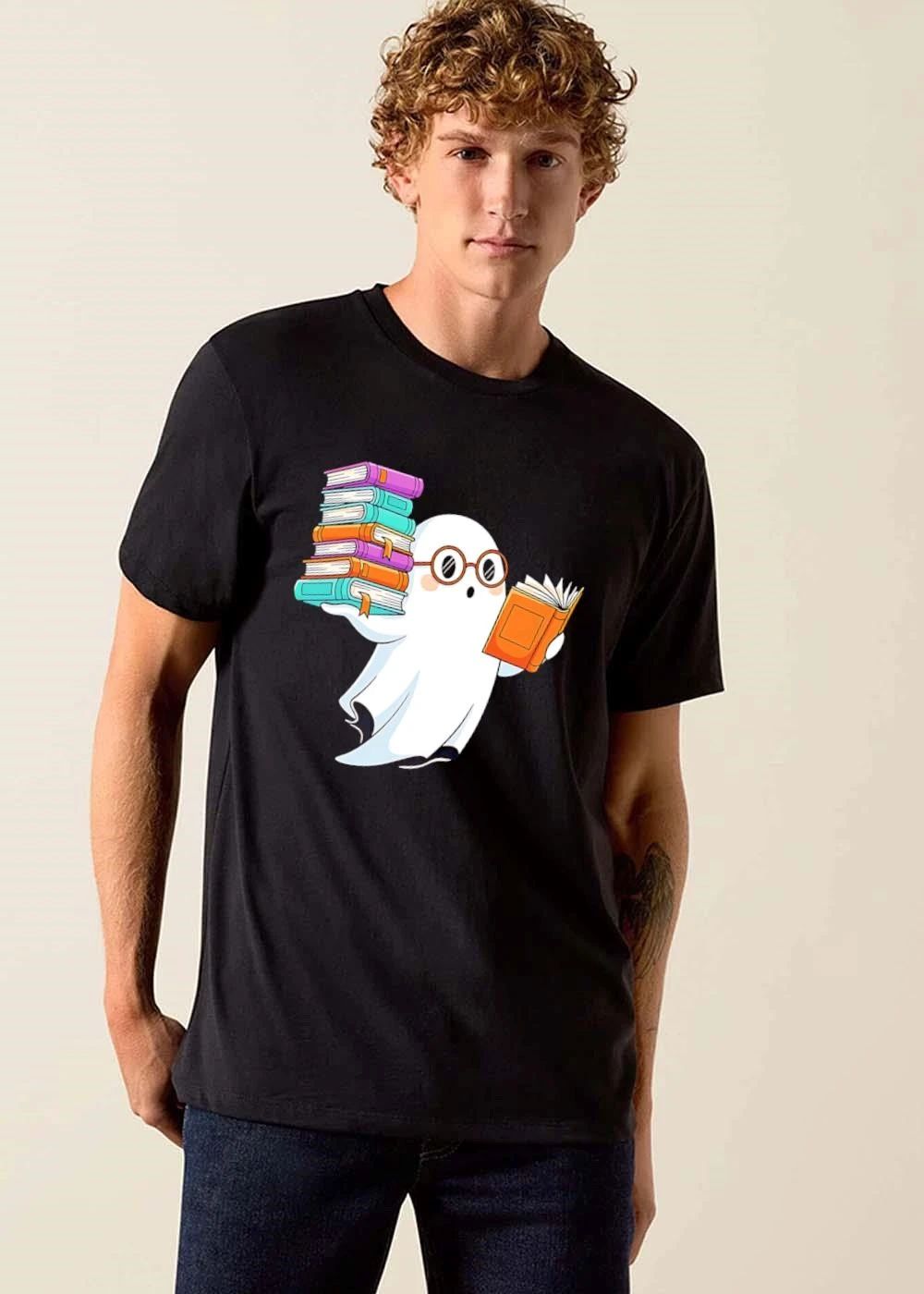 Cute Spooky Cartoon Ghost Wearing Glasses Reading Stacked Books shirt