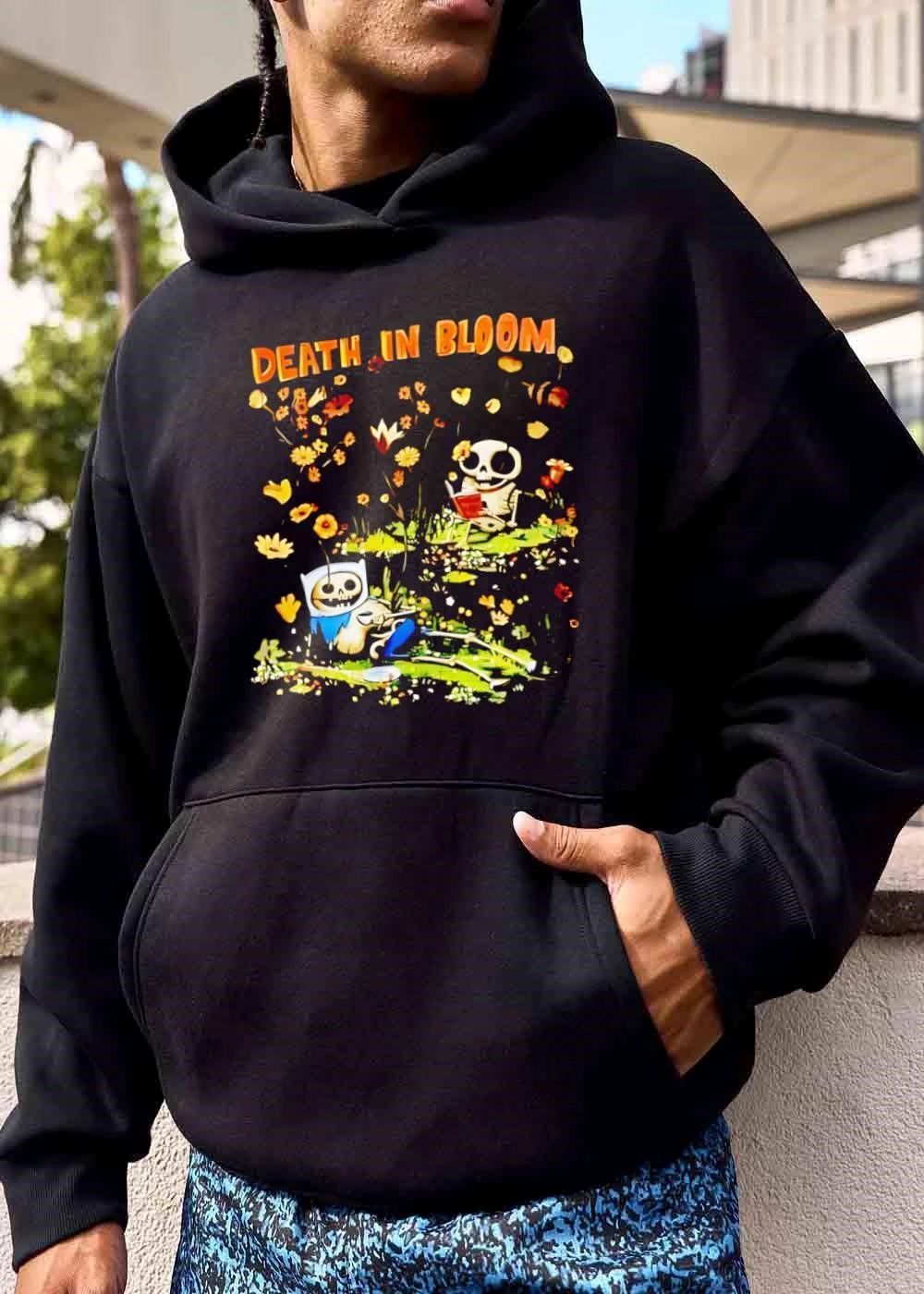 Death In Bloom Cartoon Skeleton Characters Reading Flower Garden shirt