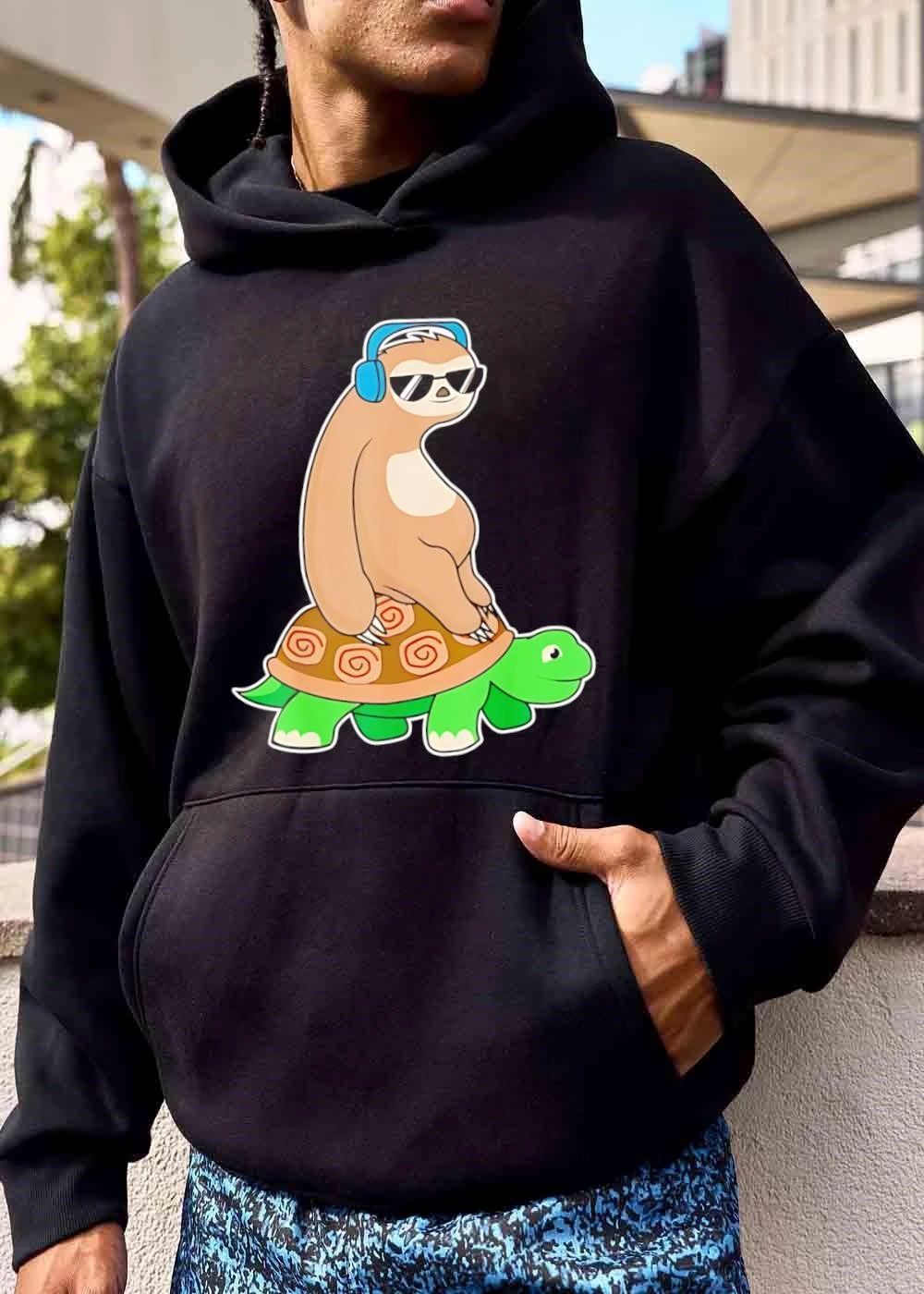 Cartoon Sloth Wearing Headphones Sunglasses Riding Green Turtle shirt