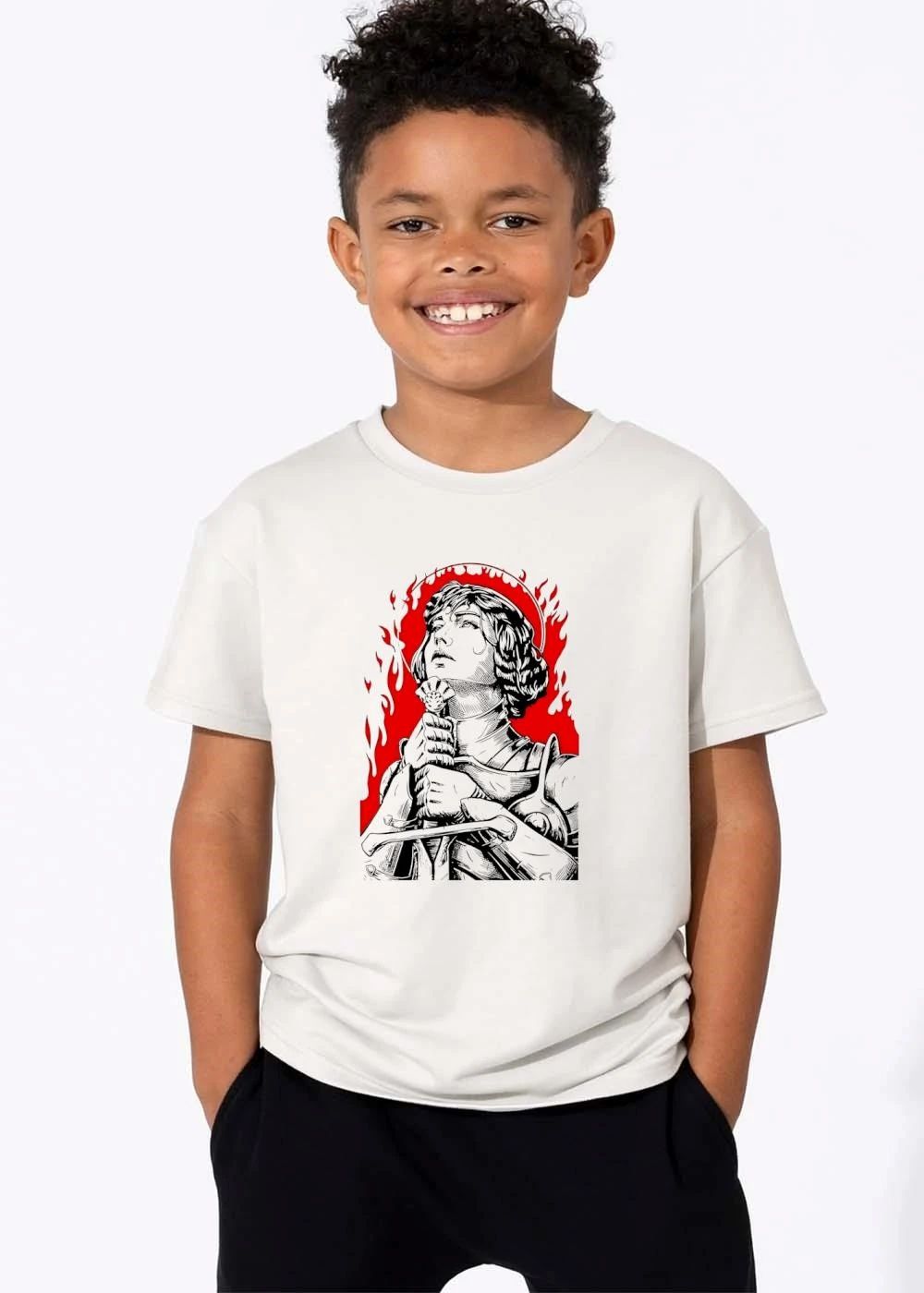 Female Knight Saint Holding Sword Red Flames Halo Line Art shirt