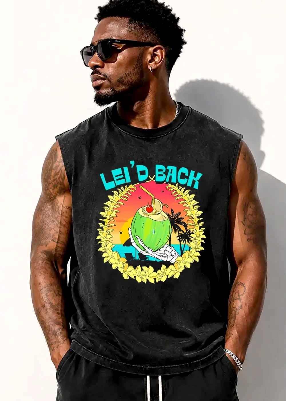 Lei D Back Skeleton Hand Holding Green Coconut Sunset Garland shirt