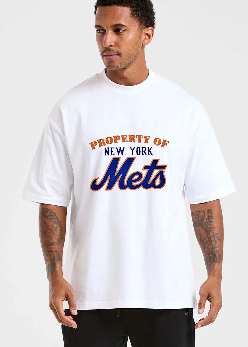 New York Mets MLB Property Of Arched Text Blue Orange Script Logo shirt