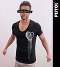 Pistol Boutique Mens Fitted Black Deep V neck CHEST SKETCH DRIBBLE HEART T-shirt