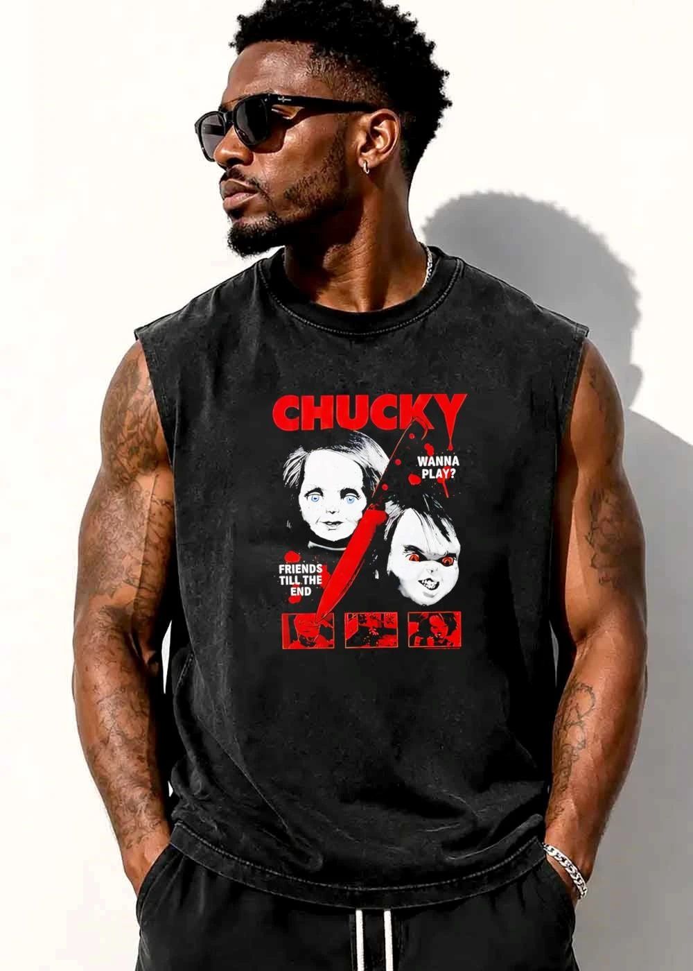 Chucky Wanna Play Friends Till The End Two Evil Doll Faces Bloody Knife Film Frames shirt