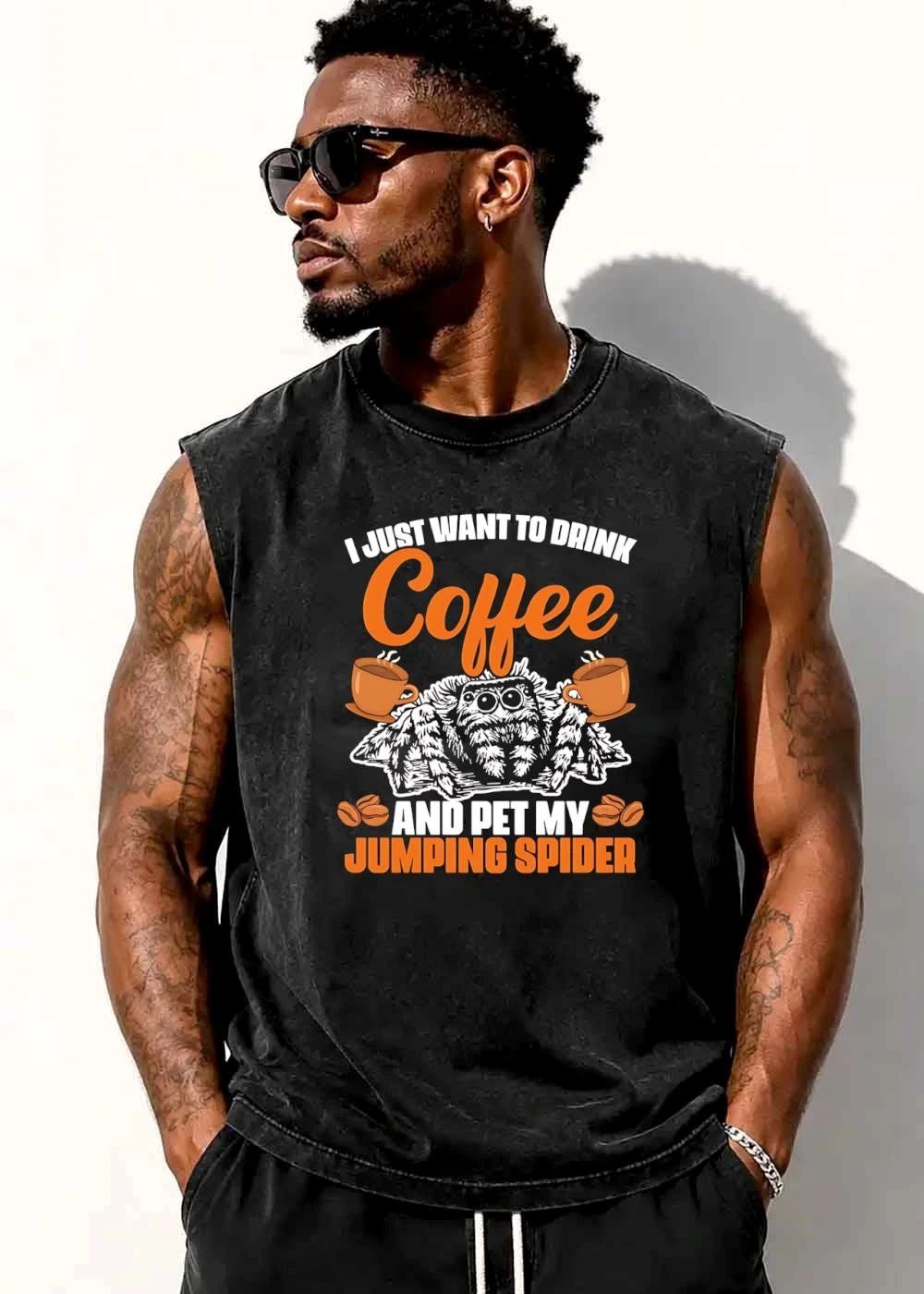 I Just Want To Drink Coffee And Pet My Jumping Spider Steaming Cups Beans Illustration shirt