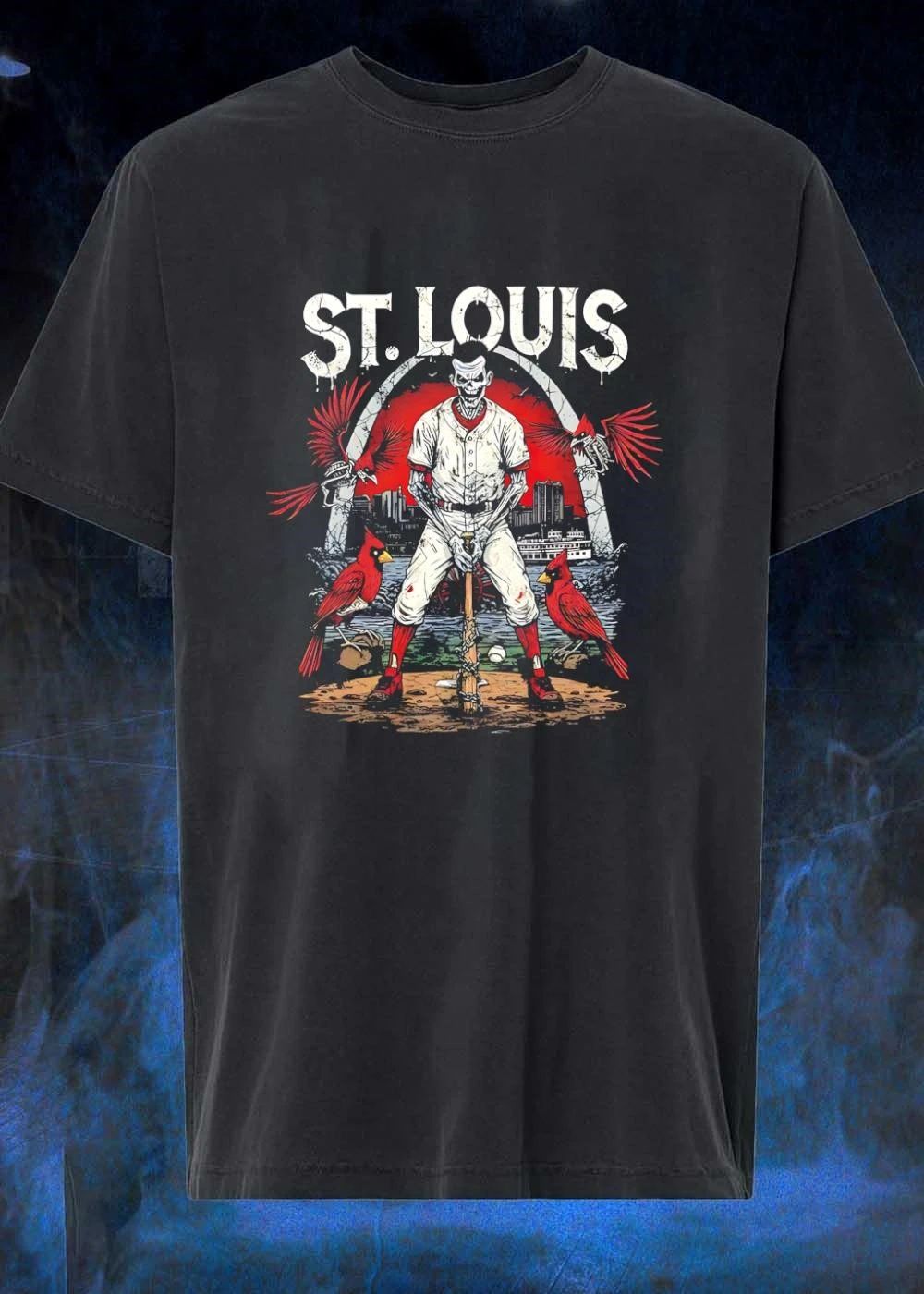 St. Louis Baseball Skeleton Resting on Bat and Cardinals T-Shirt