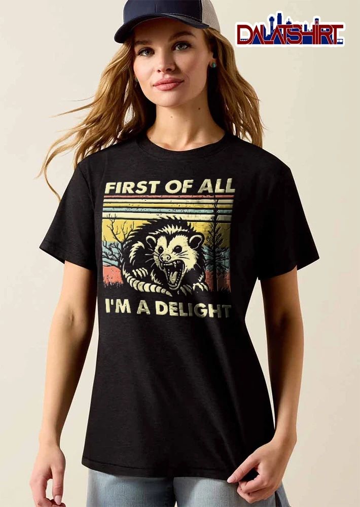 First Of All Im A Delight Snarling Opossum Retro Stripe Sunset Trees shirt