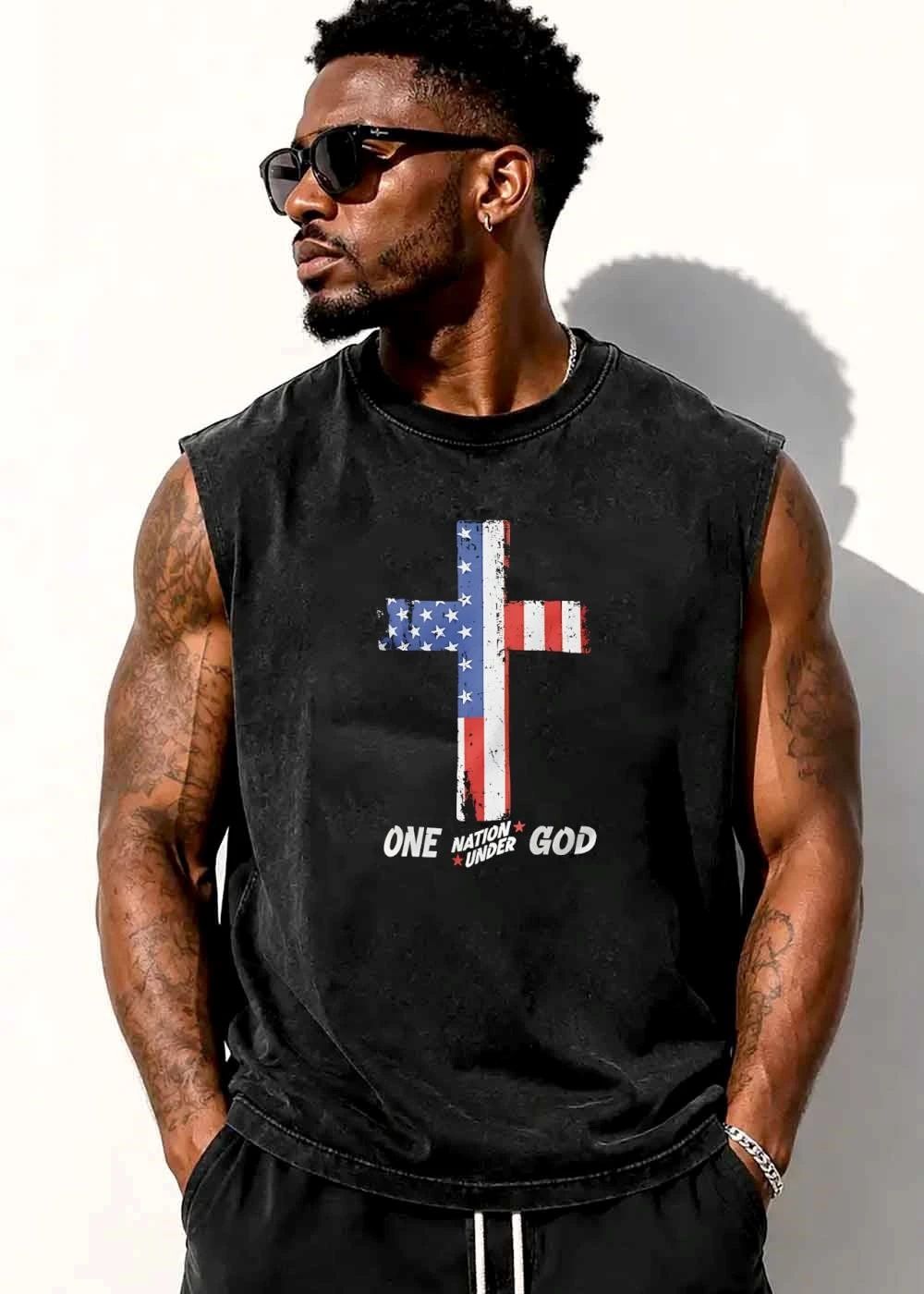 One Nation Under God Distressed Christian Cross American Flag shirt