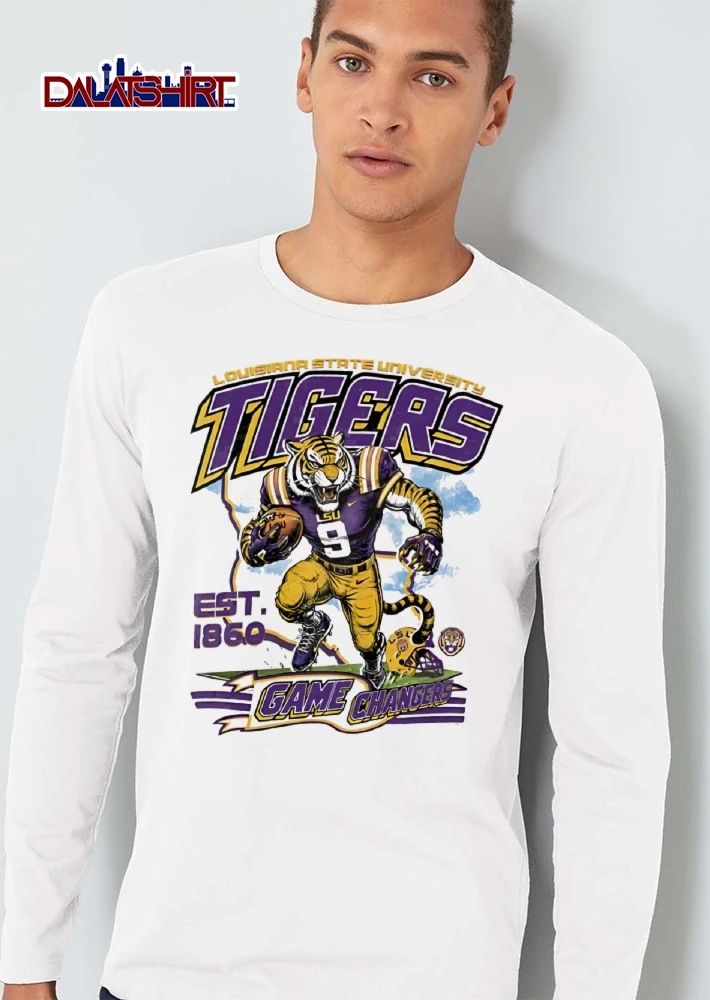 Louisiana State University Tigers NCAA Game Changers Est 1860 Football Mascot Running Map Outline shirt