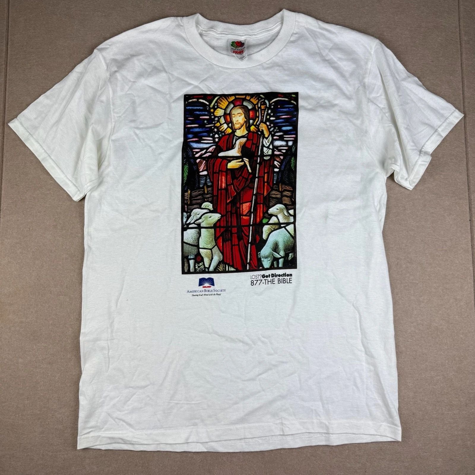 American Bible Society Shirt Mens L White Jesus Shepherd Religious Tee Faith