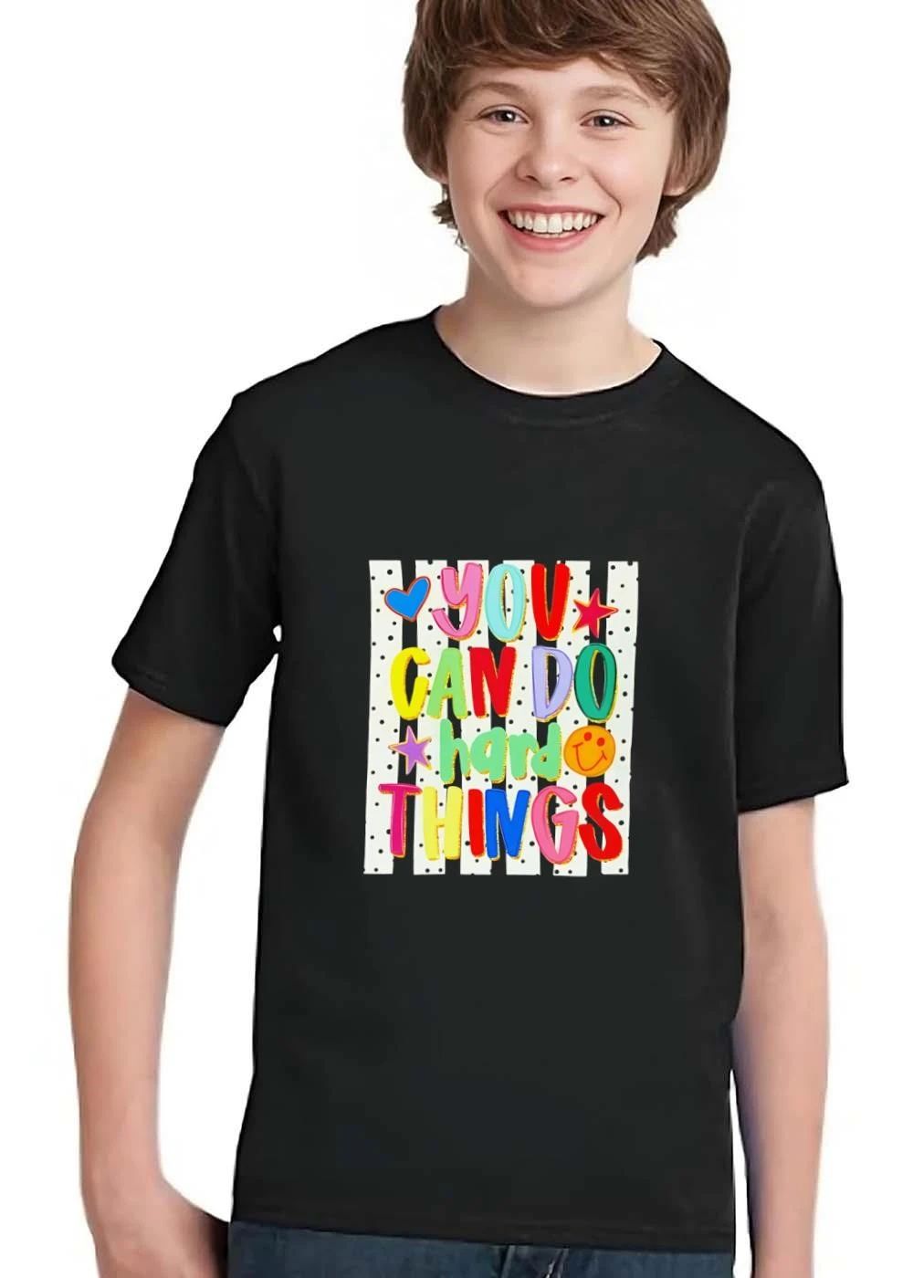 You Can Do Hard Things Colorful 3d Bubble Letters Striped Polka Dot Background Stars Smiley Face shirt