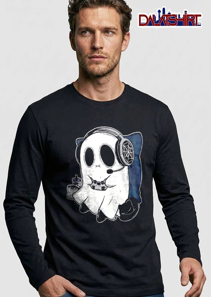 Cute Cartoon Gamer Ghost Wearing Headset Controller Sleeping Black Cat shirt