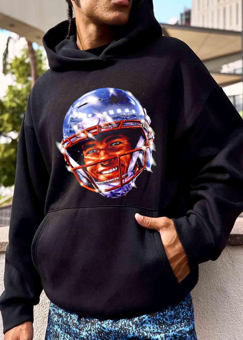 Smiling Football Player Glossy Metallic Helmet Stadium Lights shirt
