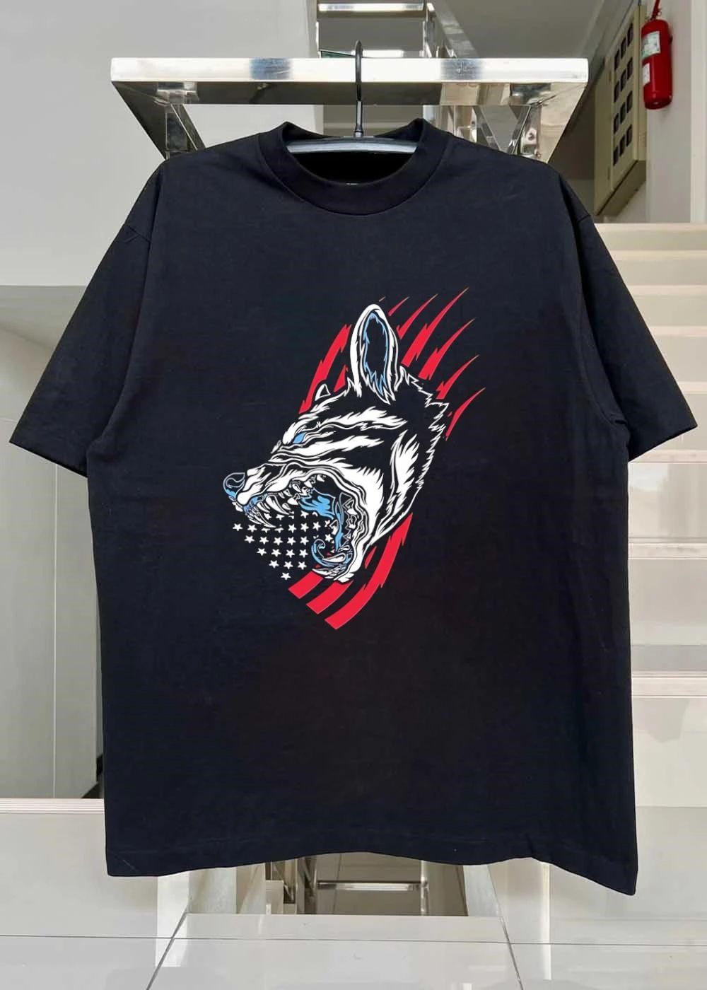 Wolf Snarling with Stars and Stripes T-Shirt