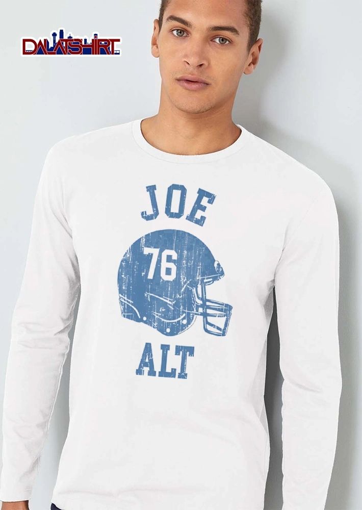 Joe Alt Distressed Light Blue Football Helmet With Number 76 Silhouette shirt