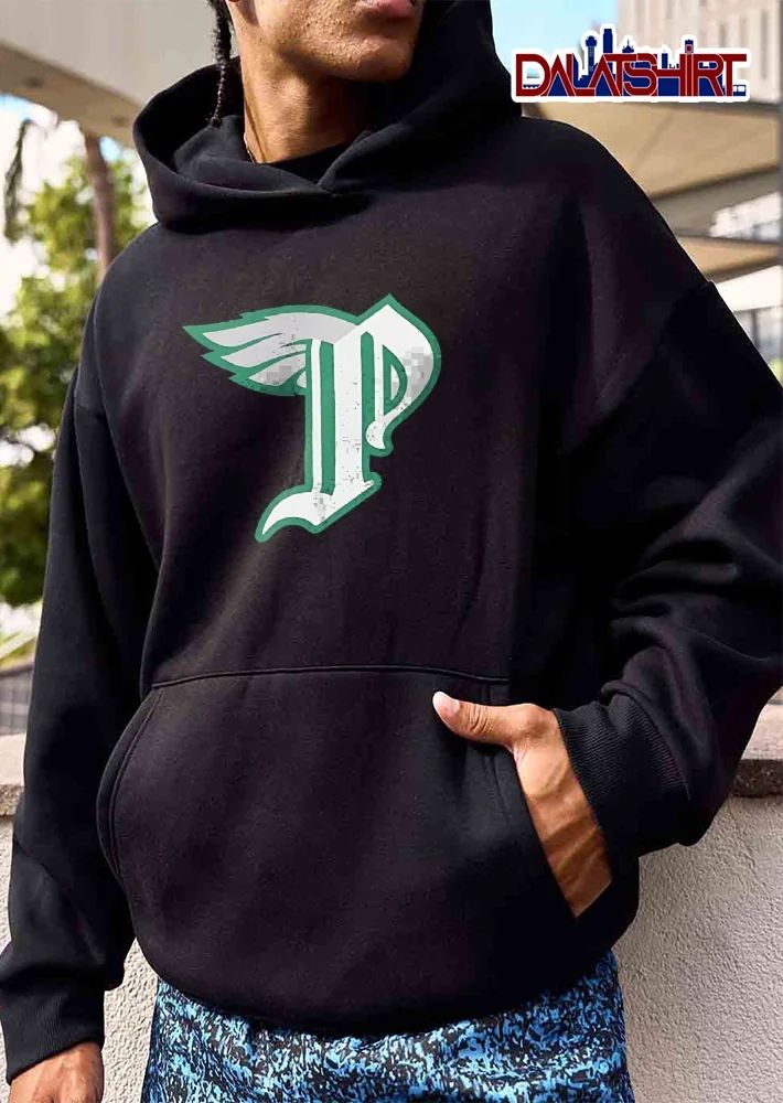 Winged White Old English Gothic Letter P Green Outline Silver Feathers shirt