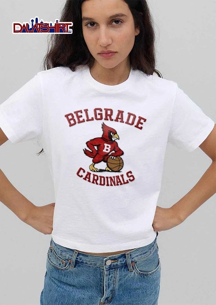 Belgrade Cardinals Cartoon Bird Mascot Leaning On Basketball shirt