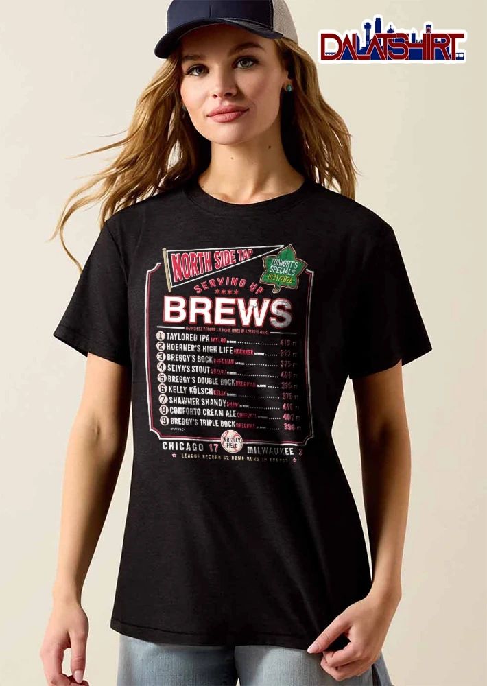Chicago Cubs MLB North Side Tap Serving Up Brews Taylor Nico Hoerner Roster 2026 Scoreboard Chalkboard Pennant shirt