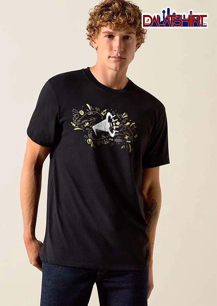 Zevent 2016 2026 10 White Megaphone Logo Gold Doodle Icons shirt