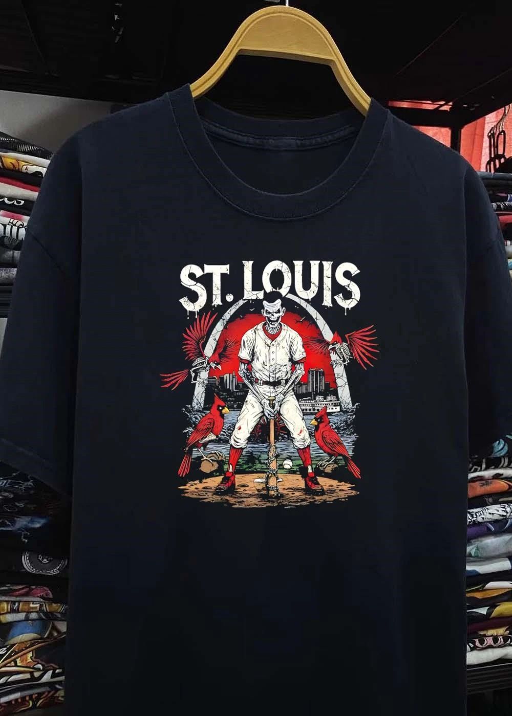 St. Louis Baseball Skeleton Resting on Bat and Cardinals T-Shirt