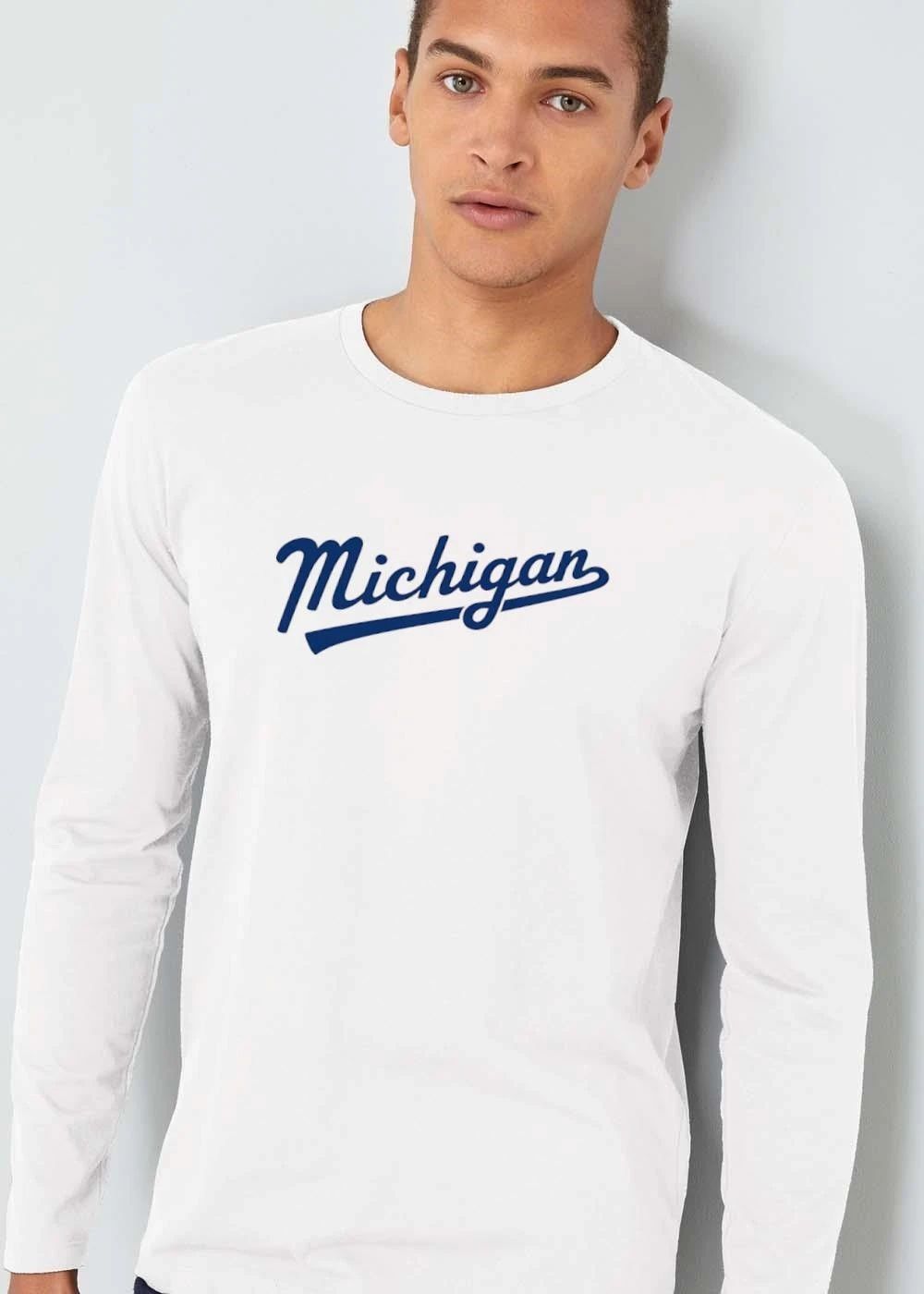 Michigan NCAA Cursive Script Typography Baseball shirt
