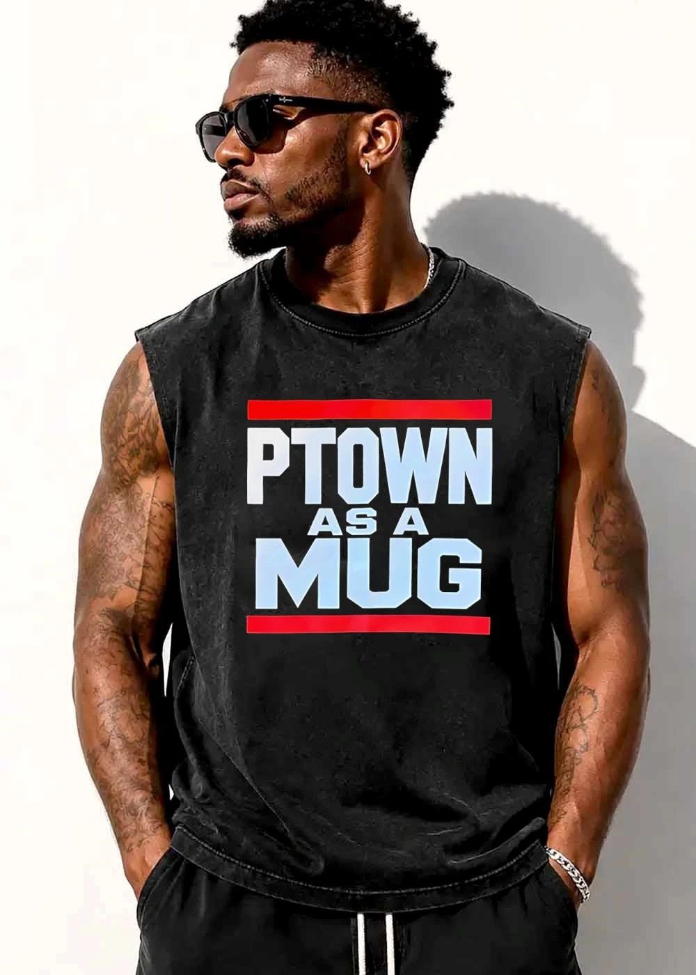 Ptown As A Mug Red Horizontal Bars White Varsity Block Lettering shirt