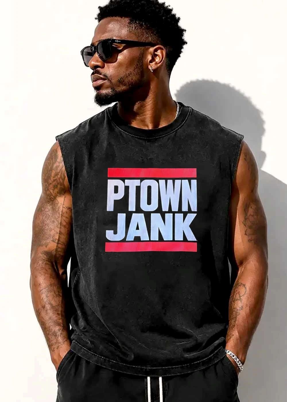Ptown Jank Red Horizontal Bars White Textured Lettering shirt