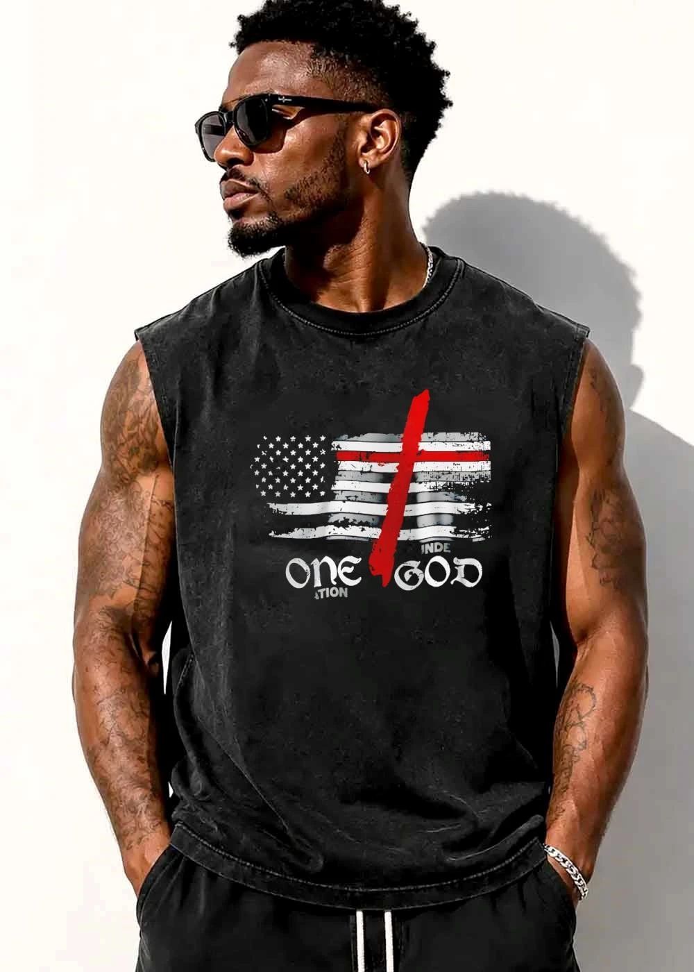One Nation Under God Distressed American Flag Red Christian Cross shirt