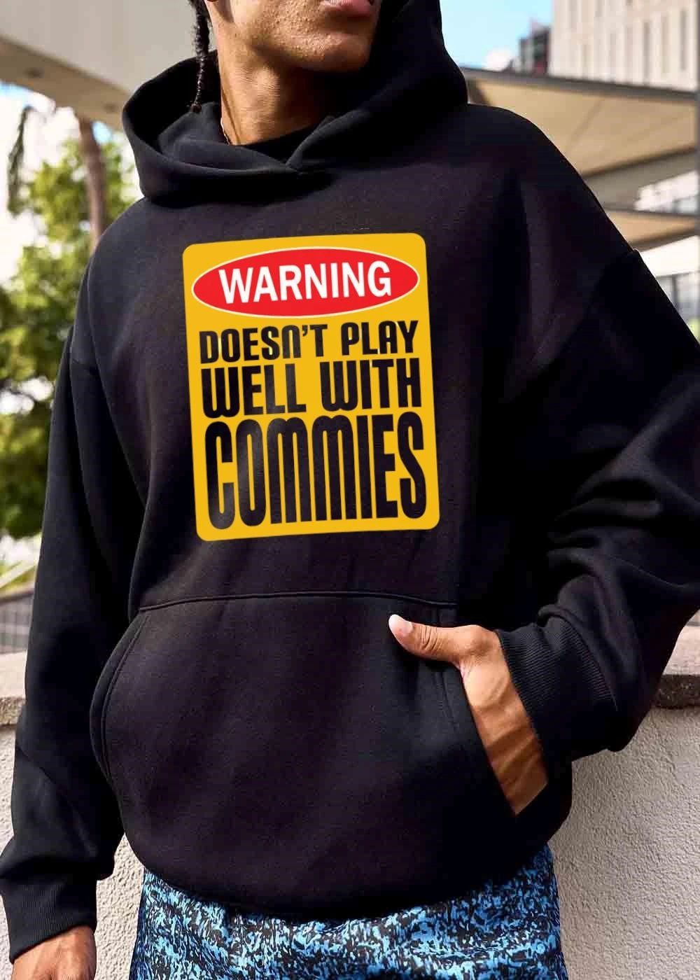 Warning Doesnt Play Well With Commies Red Oval Yellow Sign shirt