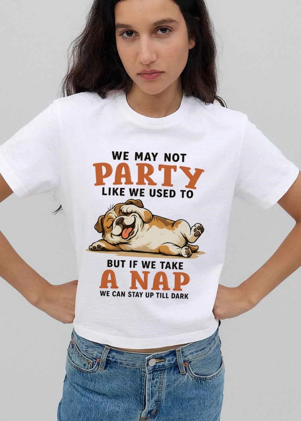 We May Not Party Like Used To But If Take A Nap Can Stay Up Till Dark Cartoon Bulldog Lying Down shirt