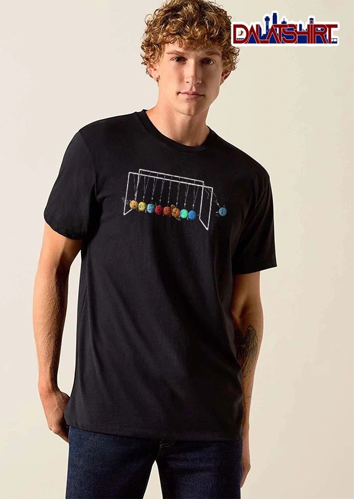 Cartoon Newton Cradle Solar System Planets Pluto Falling Snapped String shirt
