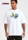 Flocking Fabulous Three Colorful Budgies Sitting On Wire Cartoon shirt