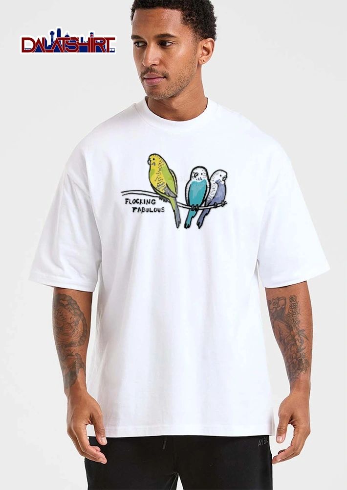 Flocking Fabulous Three Colorful Budgies Sitting On Wire Cartoon shirt