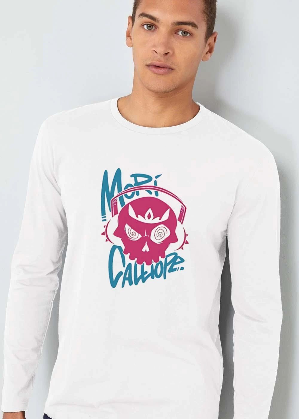 Mori Calliope Pink Skull Swirl Eyes Crown Headphones Blue Text shirt