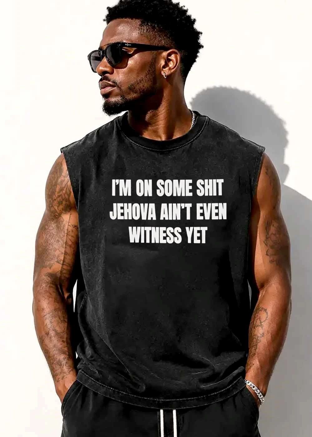Im On Some Shit Jehova Aint Even Witness Yet White Embossed Typography Black Background shirt