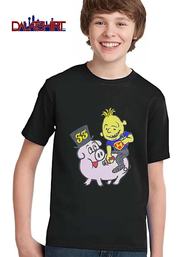 33 Cartoon Boy Yellow Hair Riding Pink Pig Black Top Hat shirt