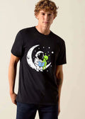 Cartoon Astronaut Green Alien Crescent Moon Reading Blue Book Stars shirt